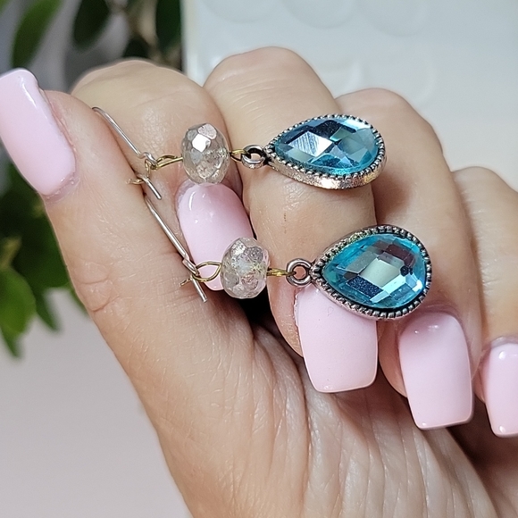 Czech Glass and Aqua Crystal Teardrop Earrings - Picture 6 of 7